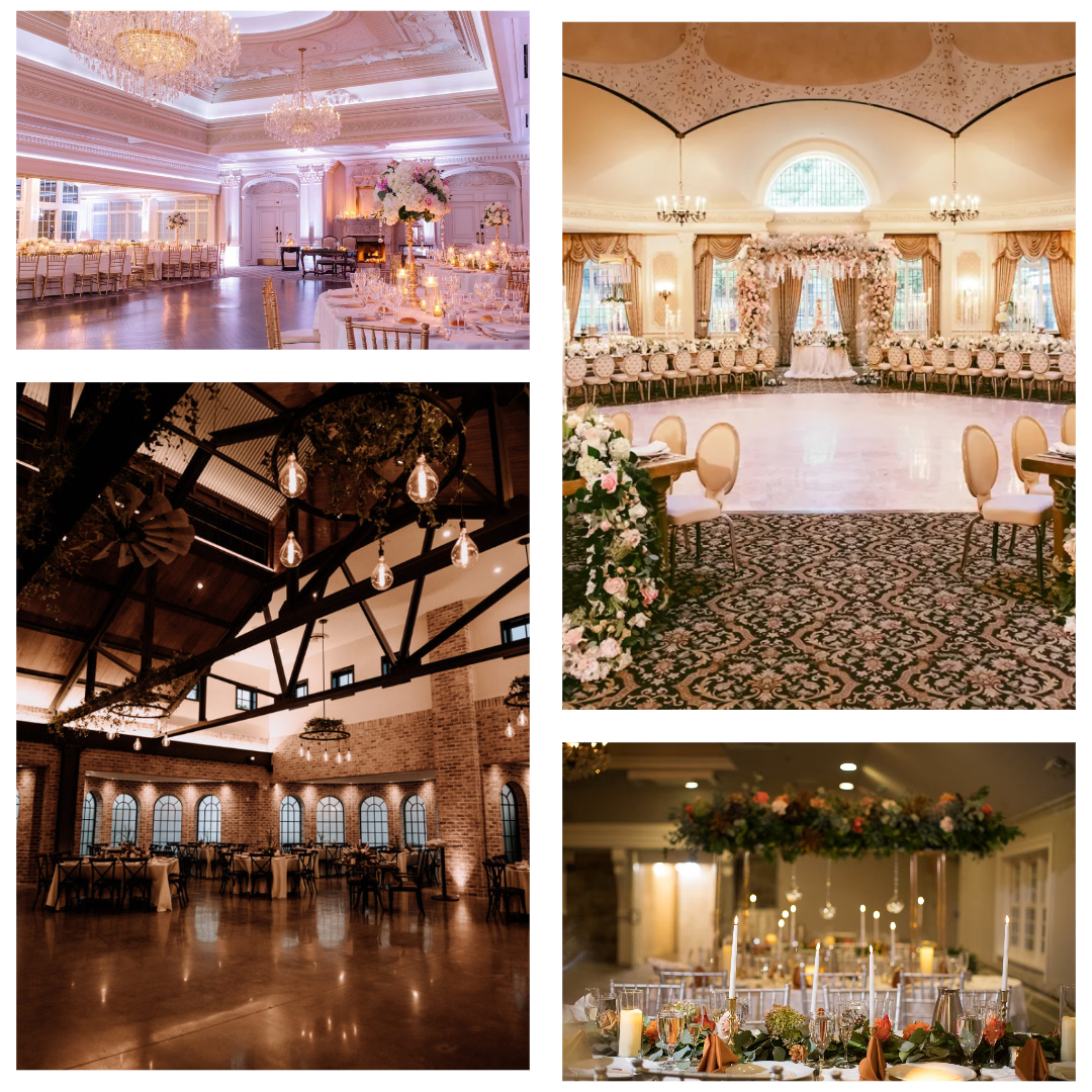 Wedding venue collage featuring Park Savoy, Pleasantdale Chateau, Perona Farms, and Skylands Manor